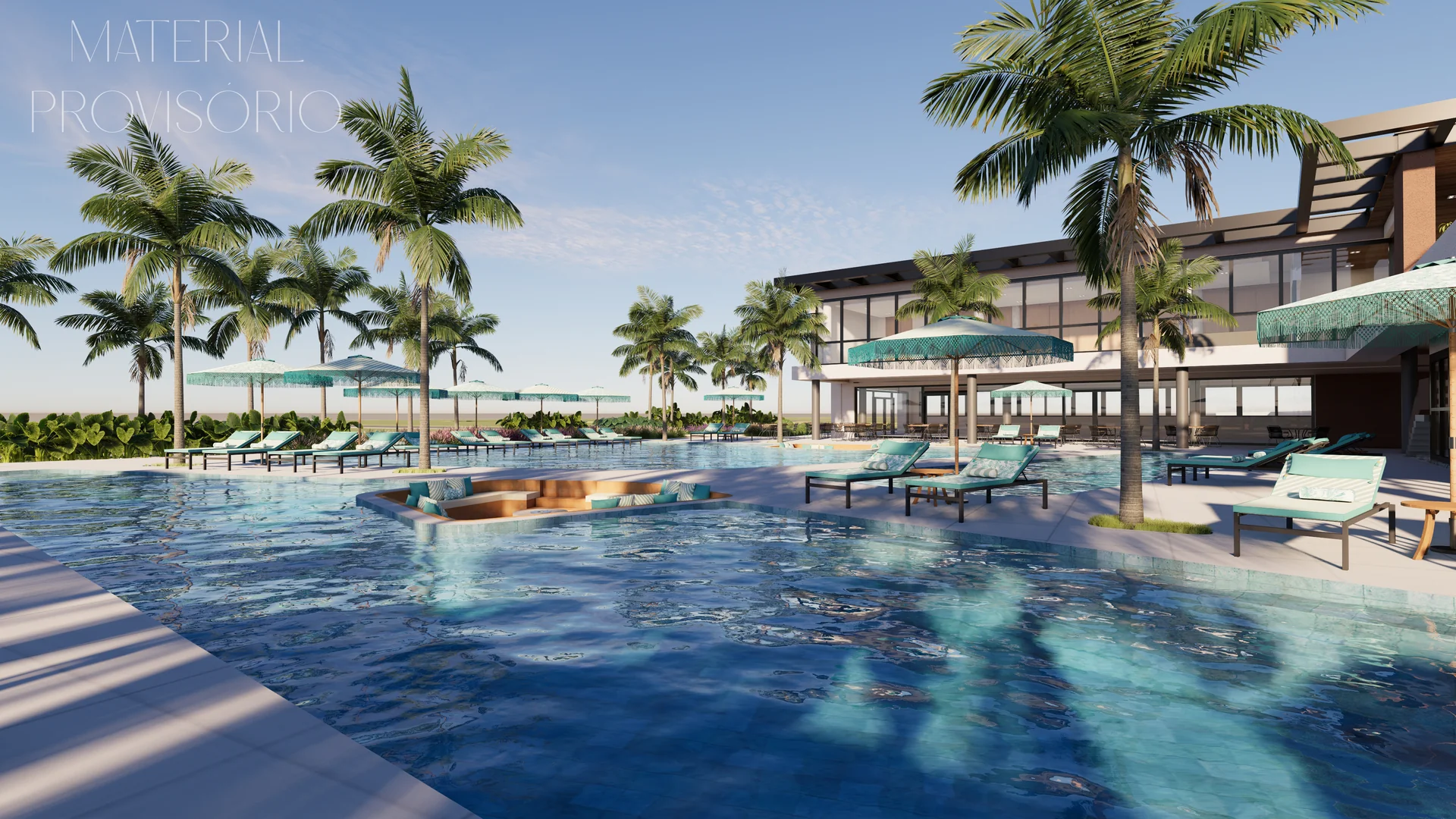 Conjunto de piscinas do Cyano com áreas de estar e braseiros