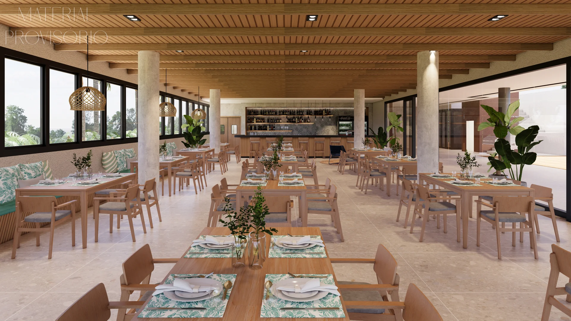 Restaurante do Cyano com mesas e vista para o mar